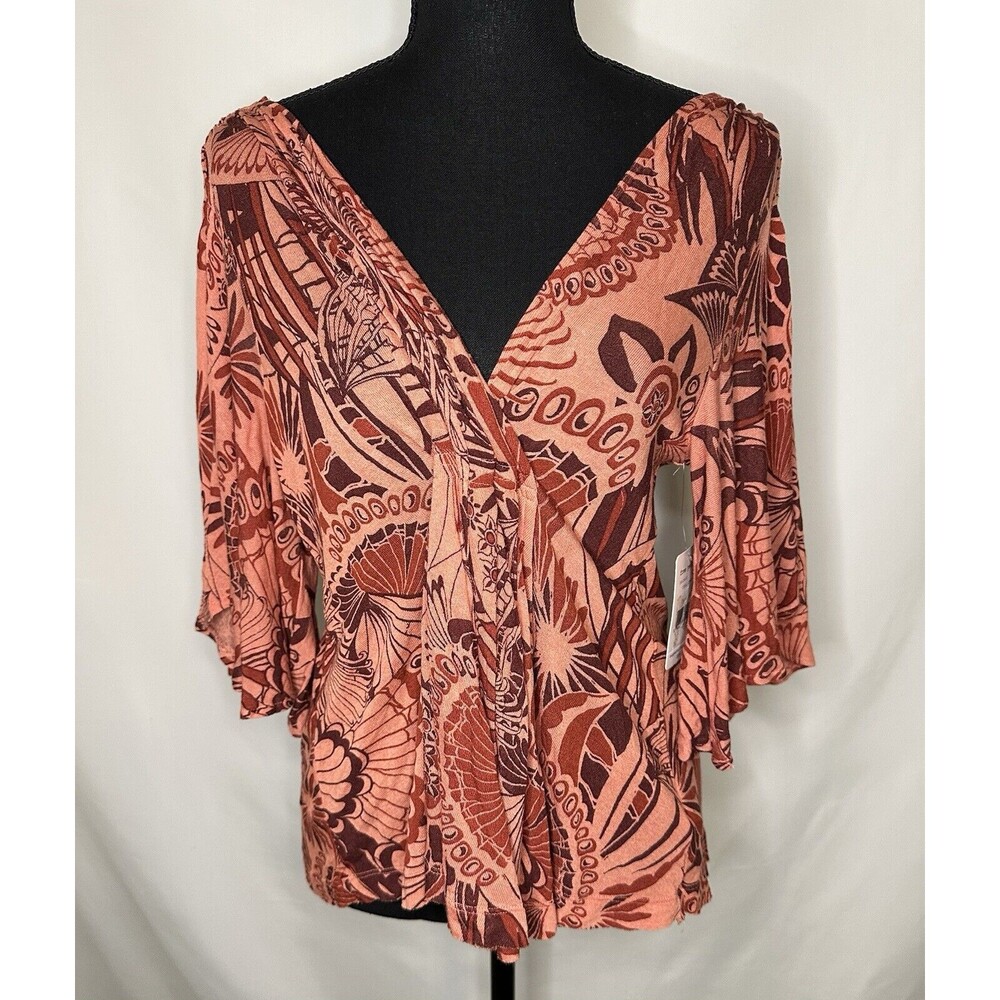 Free‎ People Amour Coral Combo V-Neck Fairy Flowy Top Women's SMALL NWT